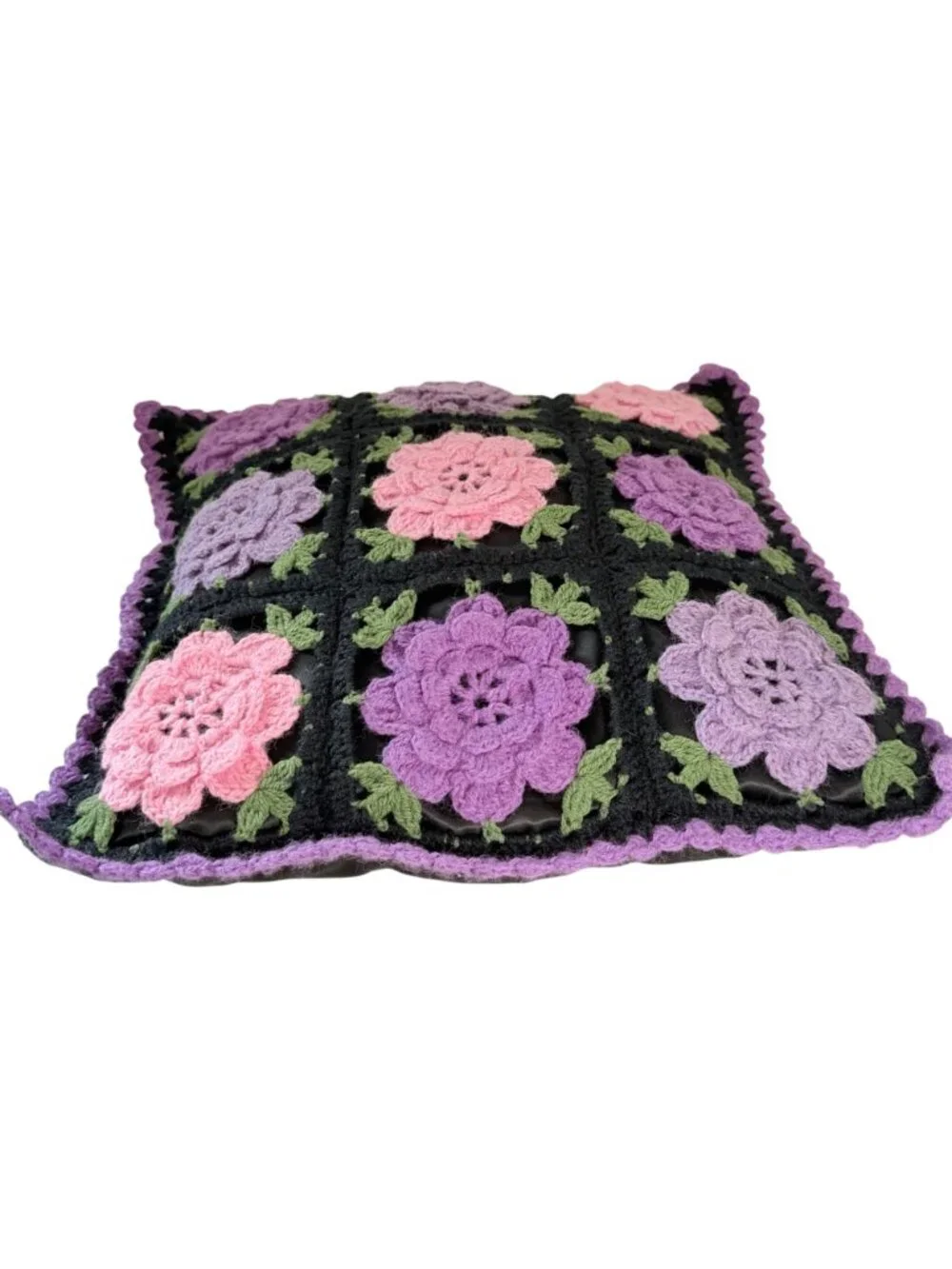 Handmade Crochet 3D Floral Granny Square Throw Pillow Purple Pink Black 16x16